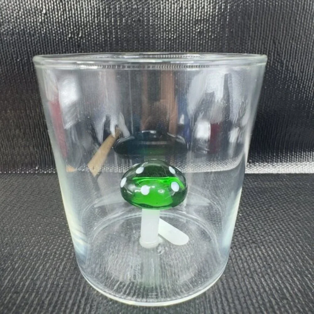Clear Thin Glass‎ Cup BarWare Tumbler With Green White Mushroom Inside Attached